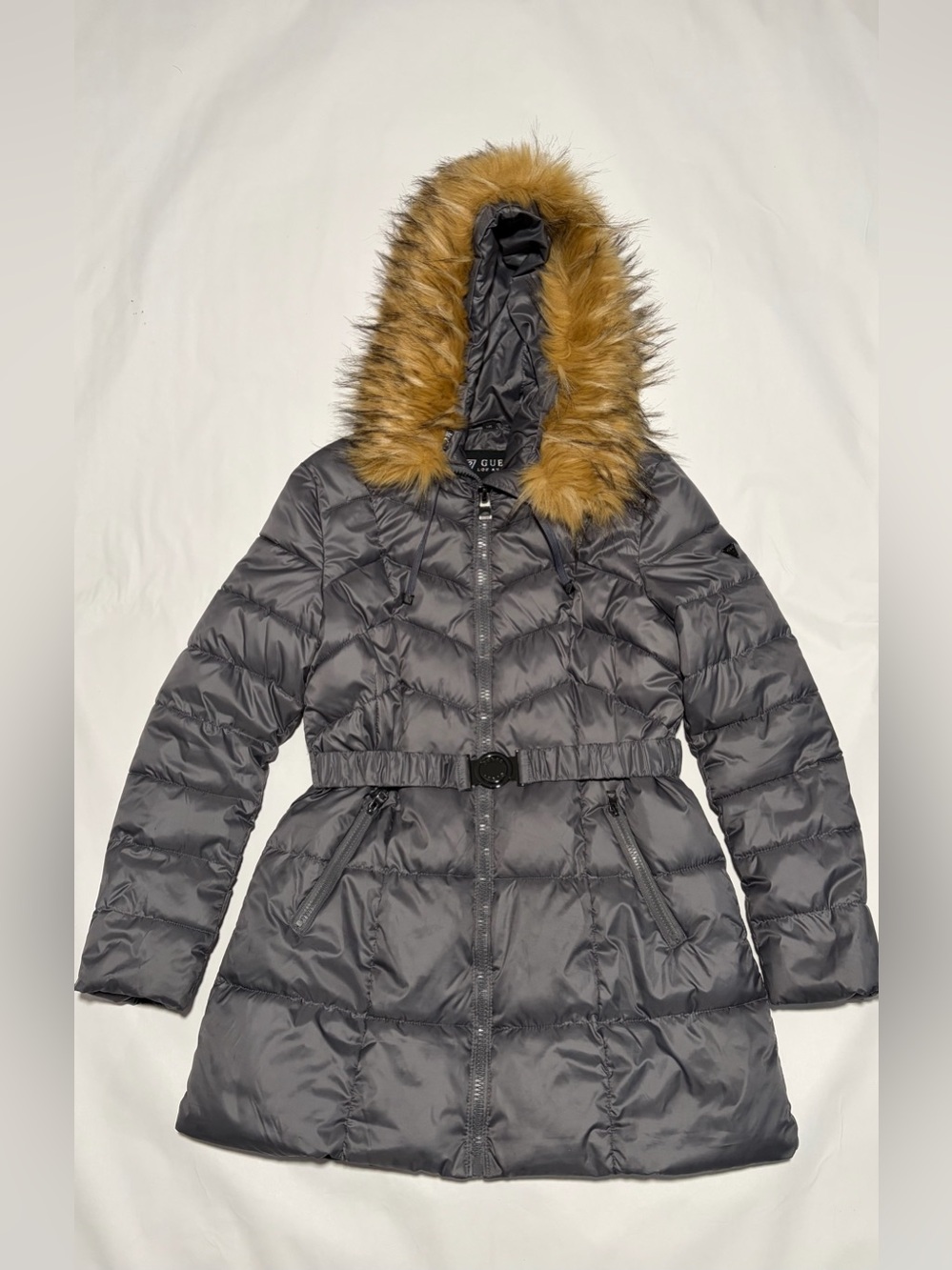 Guess Gray Quilted Puffer Coat with Faux-Fur Trim Hood